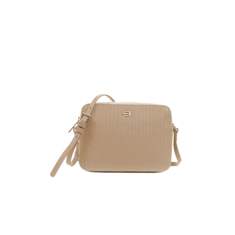 Women Baldinini Trend Women'S Crossbody Bags | Baldinini Trend Chic Beige Calfskin Camera Bag With Woven Motif