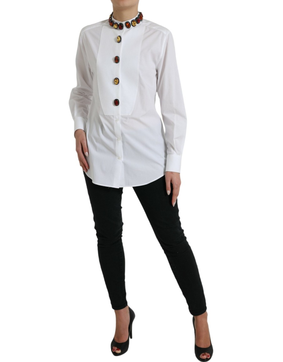 Women Dolce & Gabbana Women'S Shirts | Dolce & Gabbana White Cotton Crystals Embellished Shirt Top