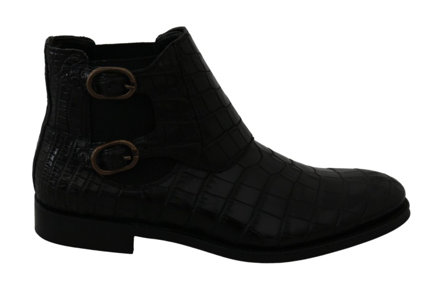 Men Dolce & Gabbana Men'S Boots | Dolce & Gabbana Black Crocodile Leather Derby Boots Shoes