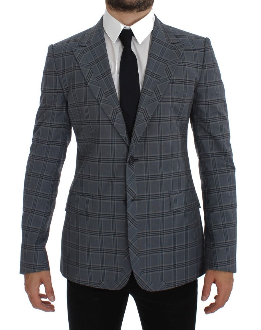 Men Dolce & Gabbana Men'S Blazers | Dolce & Gabbana Blue Checkered Slim Fit Blazer Jacket