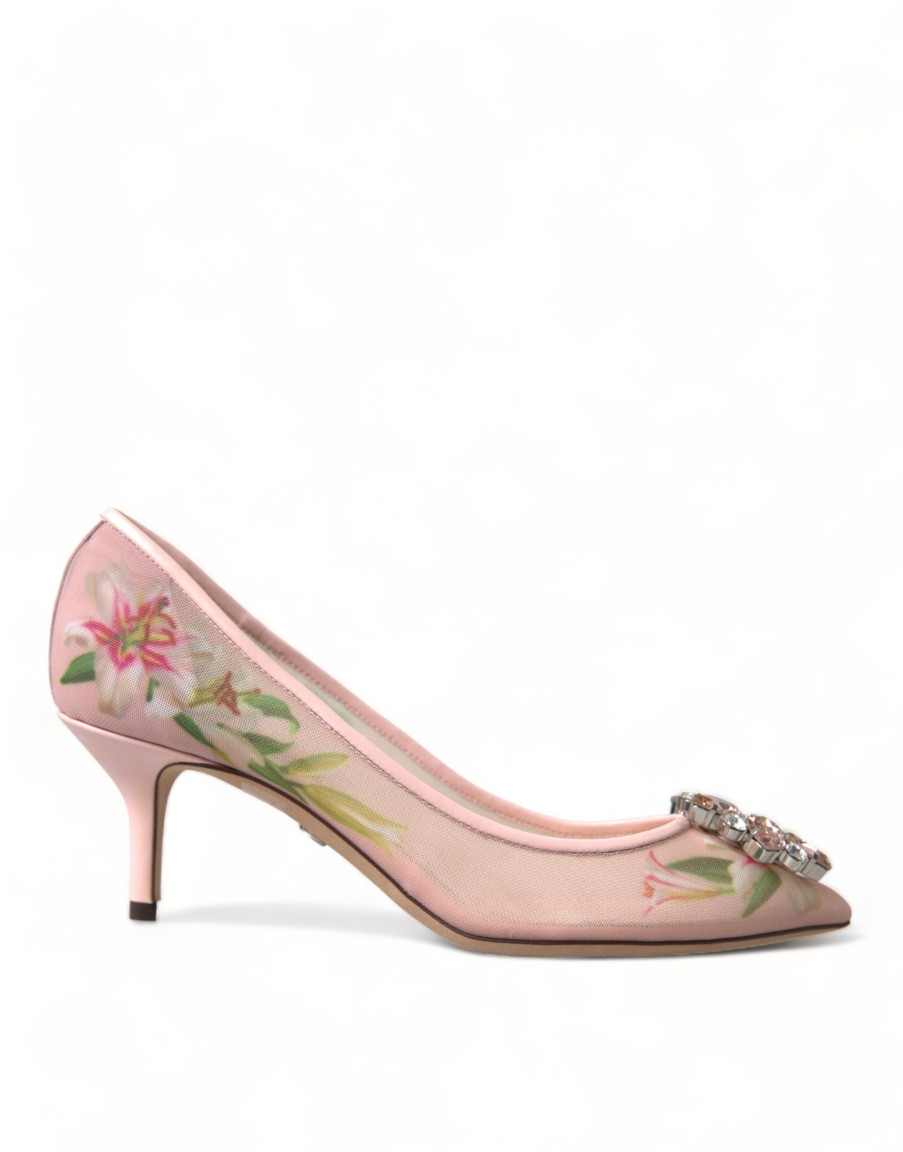 Women Dolce & Gabbana Women'S Sandals | Dolce & Gabbana Pink Floral Crystal Heels Pumps Shoes