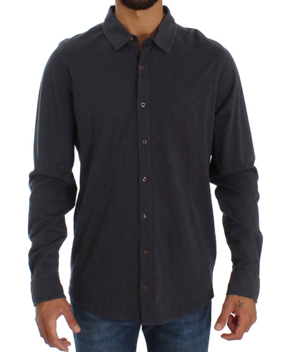 Men Alpha Massimo Rebecchi Men'S Shirts | Alpha Massimo Rebecchi Gray Cotton Button Down Casual Shirt