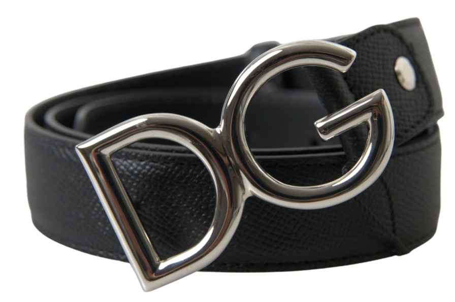 Men Dolce & Gabbana Men'S Belts | Dolce & Gabbana Black Leather Silver Logo Metal Buckle Belt