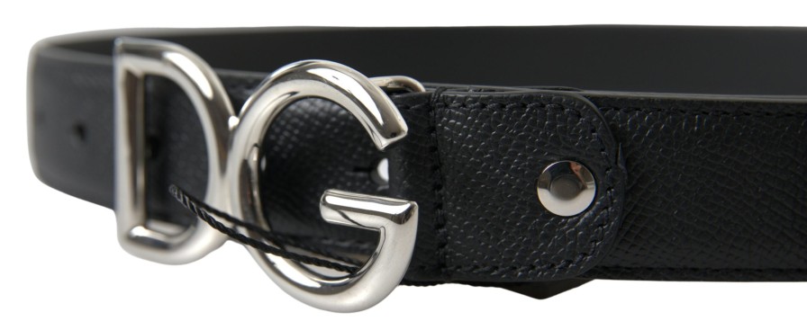 Men Dolce & Gabbana Men'S Belts | Dolce & Gabbana Black Leather Silver Logo Metal Buckle Belt