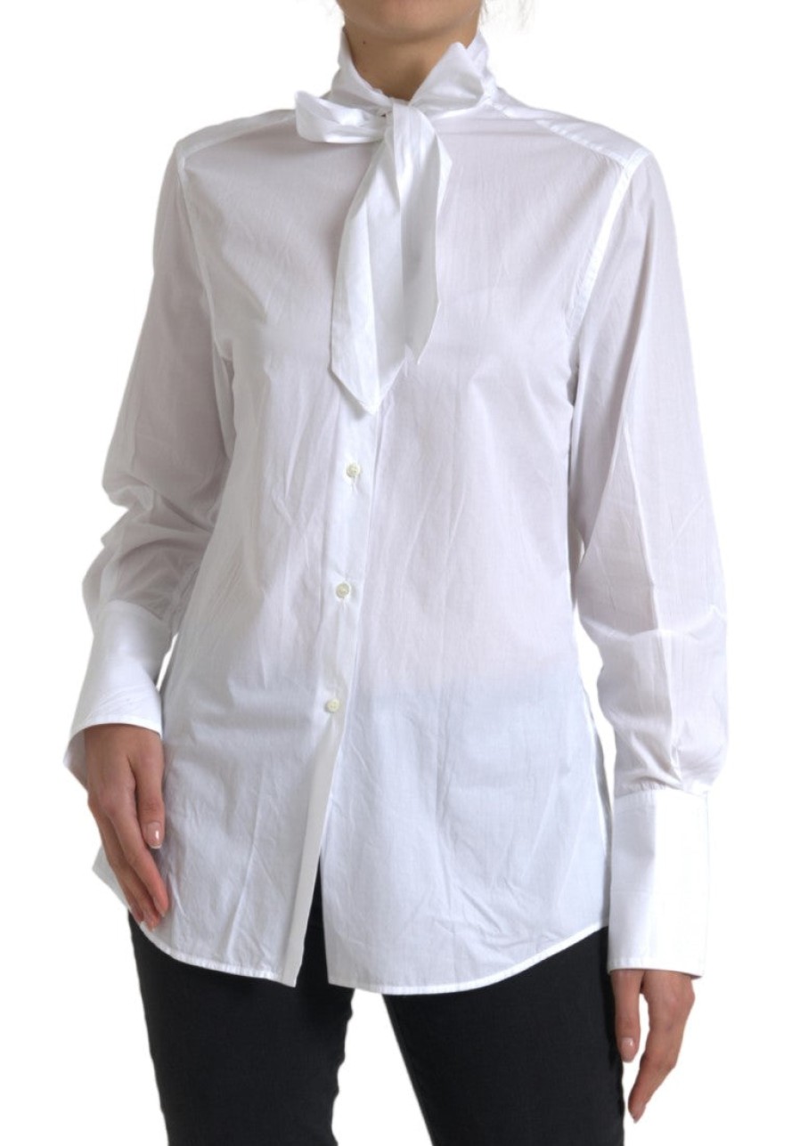 Women Dolce & Gabbana Women'S Shirts | Dolce & Gabbana White Cotton Ascot Collar Long Sleeves Top