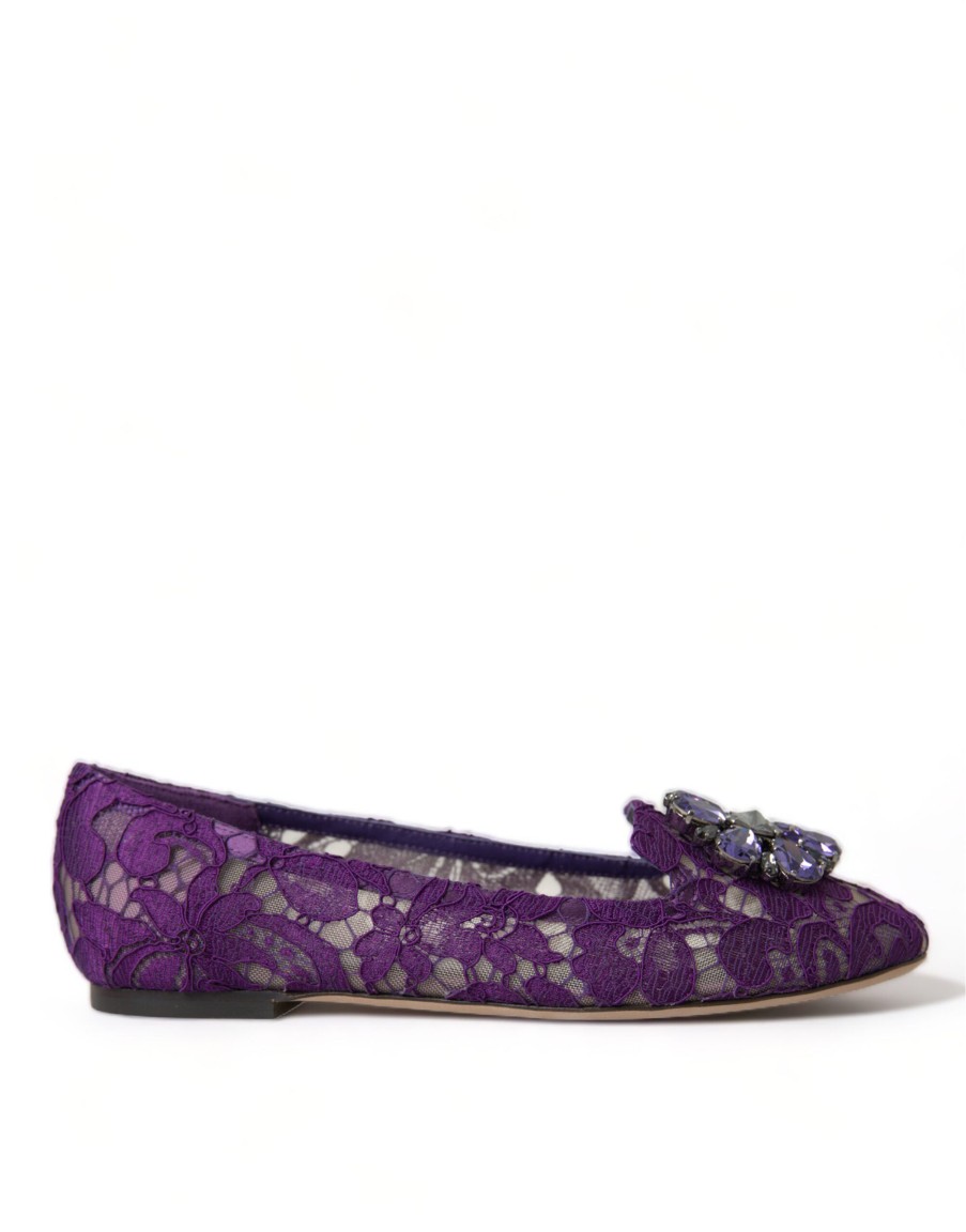 Women Dolce & Gabbana Women'S Flat Shoes | Dolce & Gabbana Purple Vally Taormina Lace Crystals Flats Shoes