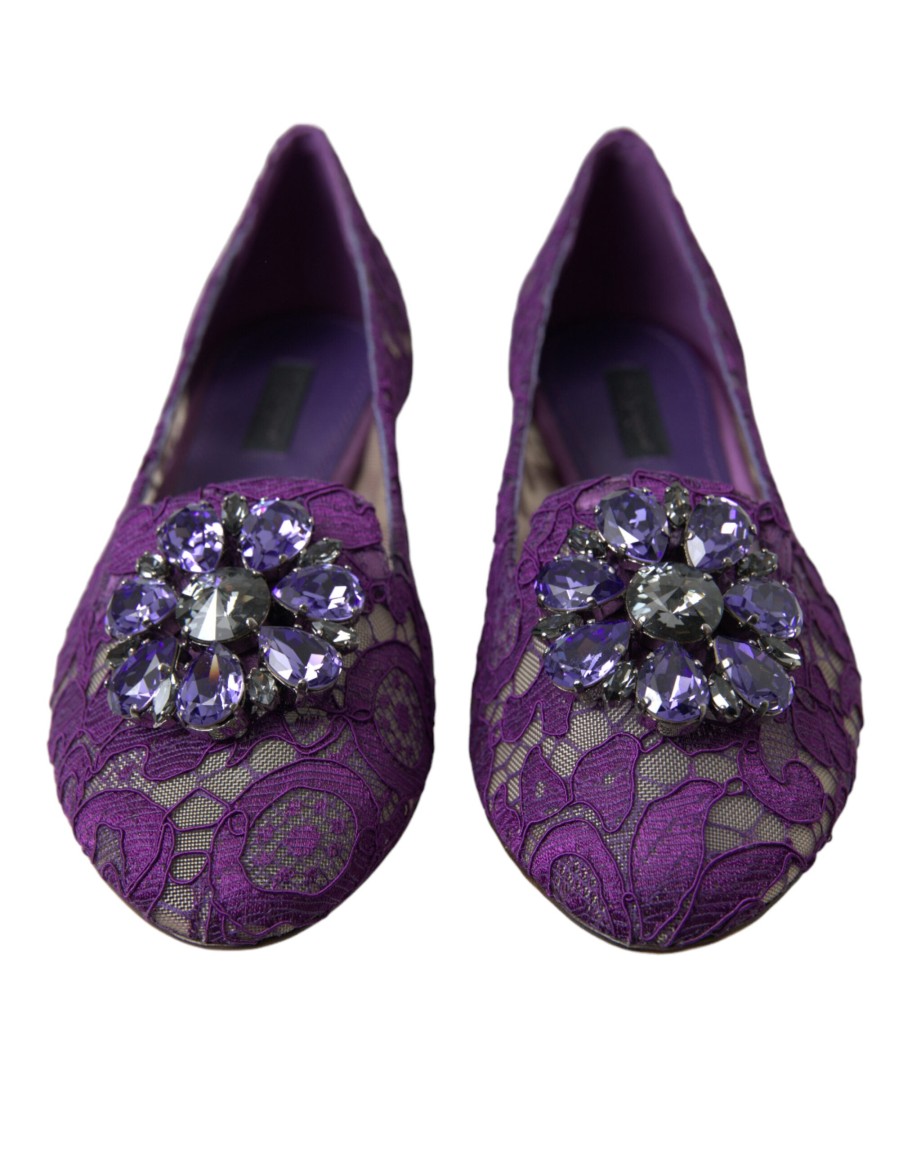 Women Dolce & Gabbana Women'S Flat Shoes | Dolce & Gabbana Purple Vally Taormina Lace Crystals Flats Shoes