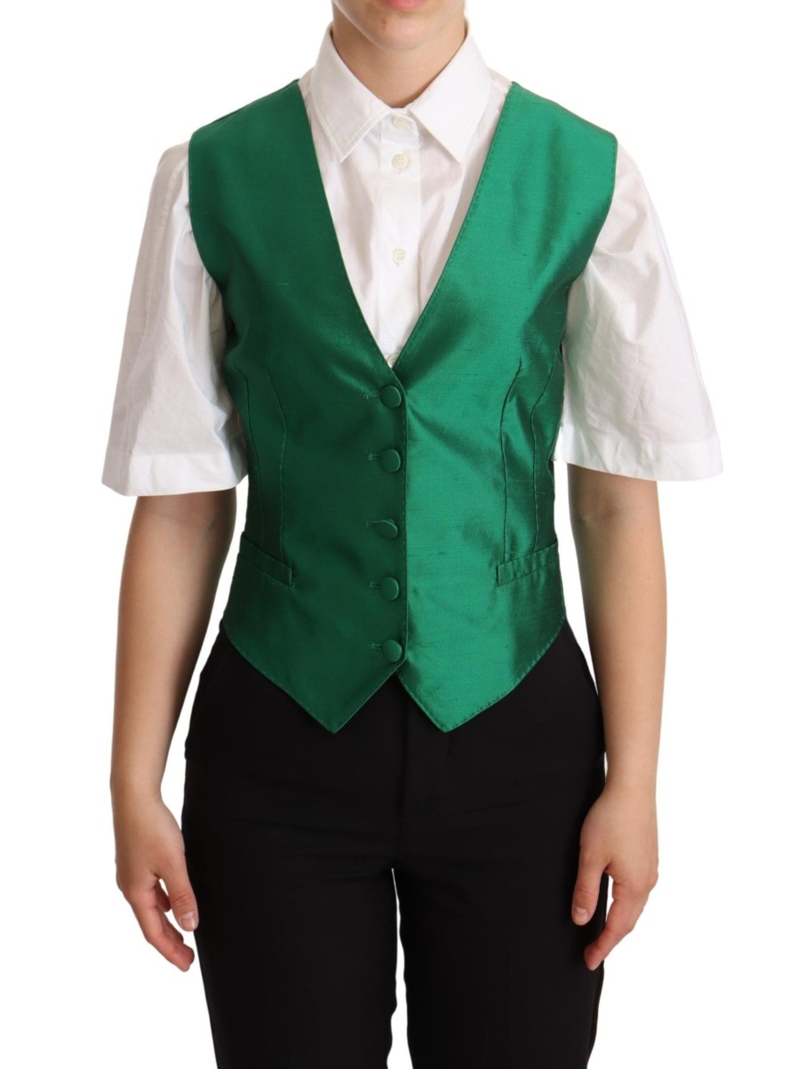 Women Dolce & Gabbana Women'S Vest | Dolce & Gabbana Green Silk Satin Sleeveless Waistcoat Vest