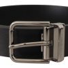 Men Dolce & Gabbana Men'S Belts | Dolce & Gabbana Black Calf Leather Logo Engraved Metal Buckle Belt