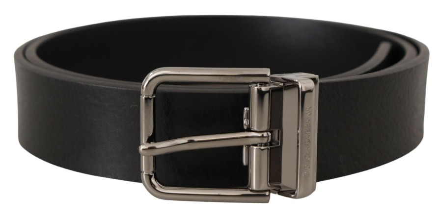 Men Dolce & Gabbana Men'S Belts | Dolce & Gabbana Black Calf Leather Logo Engraved Metal Buckle Belt