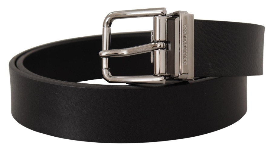 Men Dolce & Gabbana Men'S Belts | Dolce & Gabbana Black Calf Leather Logo Engraved Metal Buckle Belt