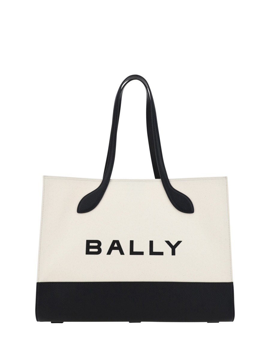 Women Bally Women'S Tote Bags | Bally White And Black Leather Tote Shoulder Bag