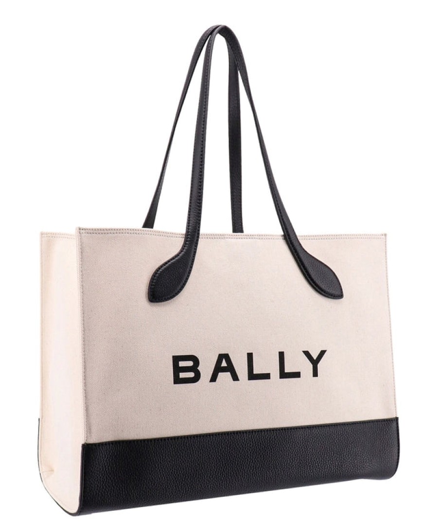 Women Bally Women'S Tote Bags | Bally White And Black Leather Tote Shoulder Bag