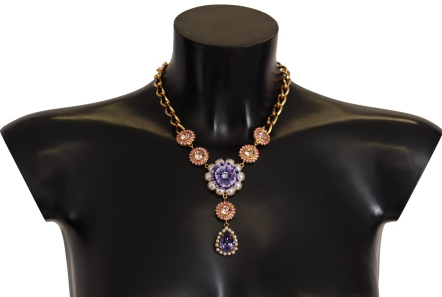 Women Dolce & Gabbana Women'S Necklaces | Dolce & Gabbana Gold Brass Crystal Purple Pink Pearl Pendants Necklace