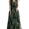 Women Dolce & Gabbana Women'S Dresses | Dolce & Gabbana Green Flocked Leaf Georgette A-Line Dress