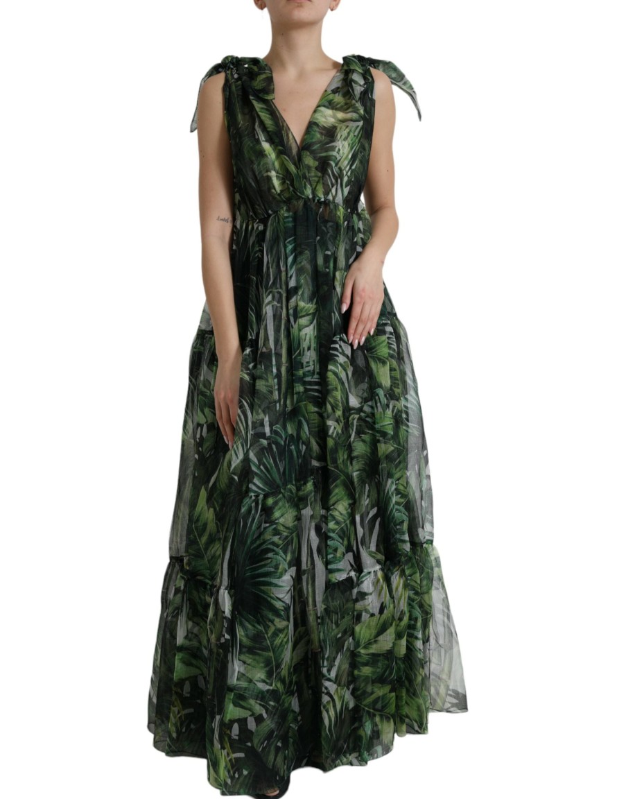 Women Dolce & Gabbana Women'S Dresses | Dolce & Gabbana Green Flocked Leaf Georgette A-Line Dress