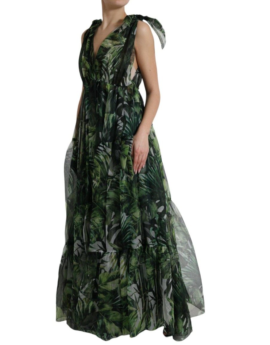 Women Dolce & Gabbana Women'S Dresses | Dolce & Gabbana Green Flocked Leaf Georgette A-Line Dress