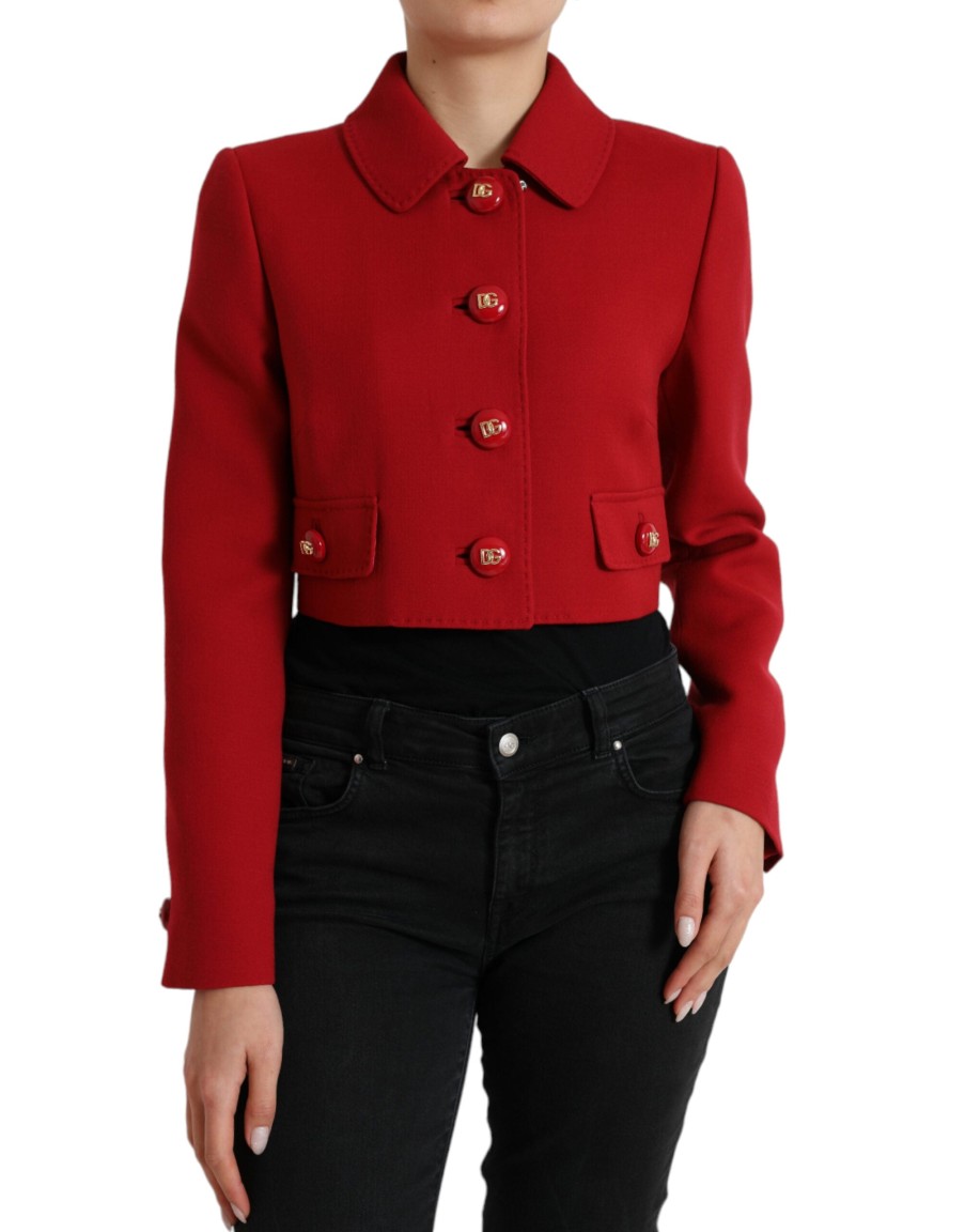 Women Dolce & Gabbana Women'S Jackets & Coats | Dolce & Gabbana Red Wool Cropped Short Button Coat Jacket