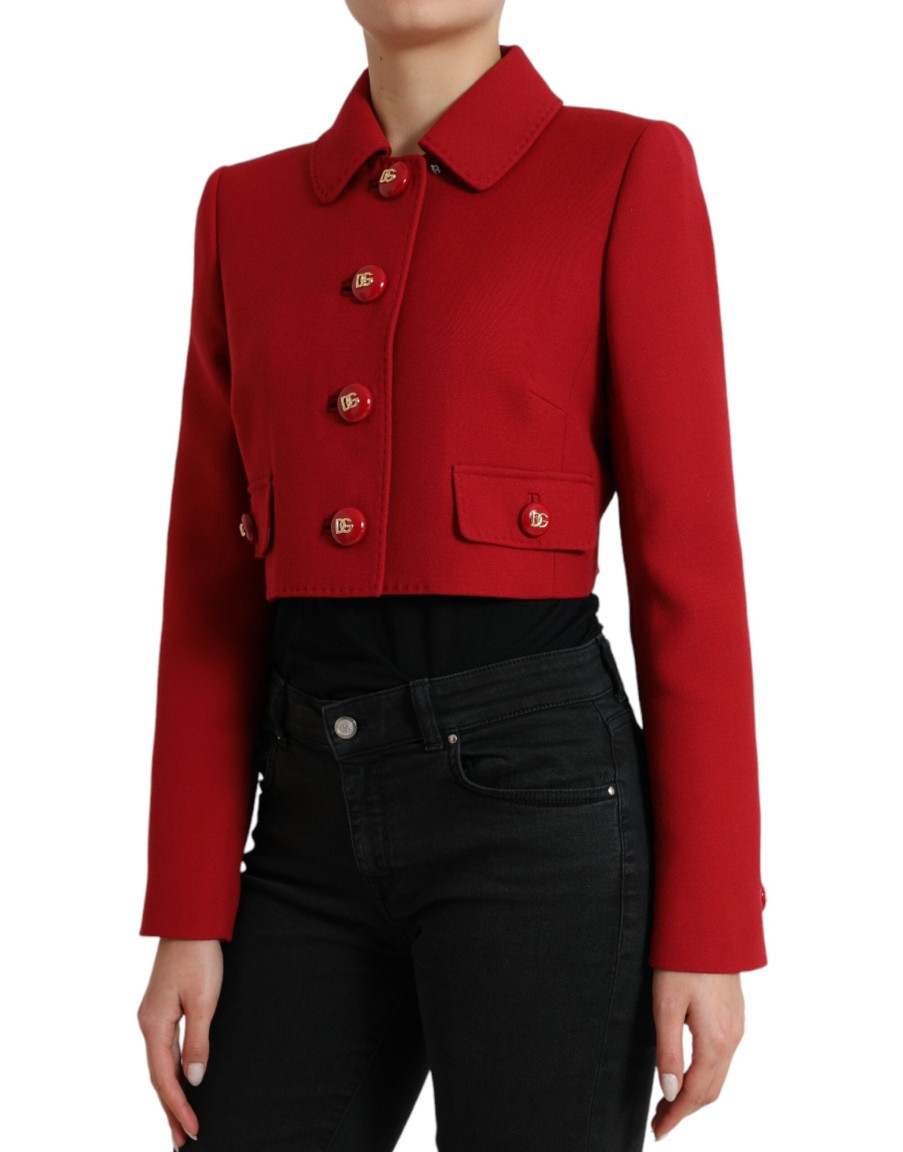 Women Dolce & Gabbana Women'S Jackets & Coats | Dolce & Gabbana Red Wool Cropped Short Button Coat Jacket