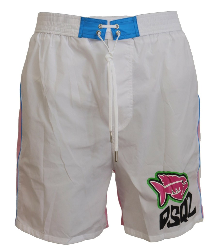 Men Dsquared² Men'S Swimwear | Dsquared White Pink Logo Print Men Beachwear Shorts Swimwear