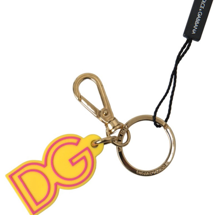 Women Dolce & Gabbana Women'S Keychains | Dolce & Gabbana Yellow Rubber Dg Logo Gold Brass Metal Keyring Keychai