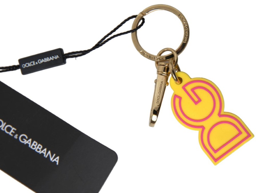 Women Dolce & Gabbana Women'S Keychains | Dolce & Gabbana Yellow Rubber Dg Logo Gold Brass Metal Keyring Keychai