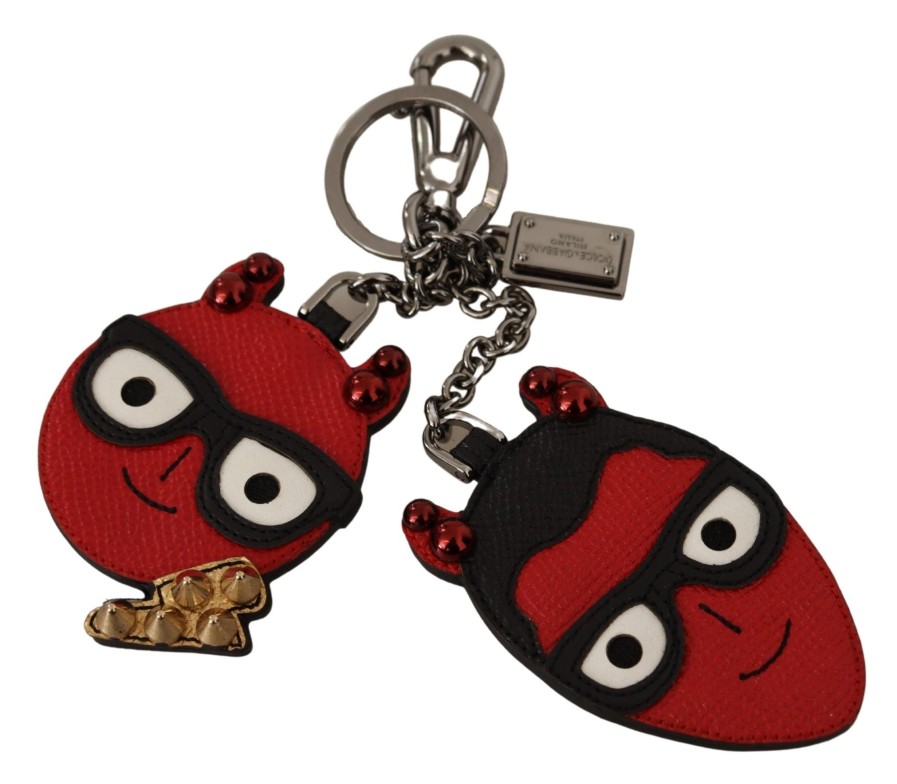 Men Dolce & Gabbana Men'S Keychains | Dolce & Gabbana Red Leather Silver Tone Devil Studded Keychain