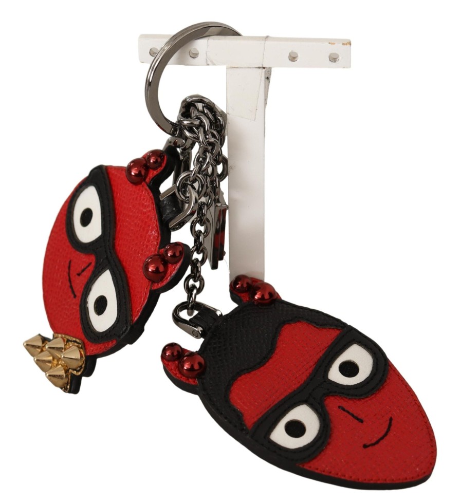 Men Dolce & Gabbana Men'S Keychains | Dolce & Gabbana Red Leather Silver Tone Devil Studded Keychain