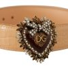 Women Dolce & Gabbana Women'S Belts | Dolce & Gabbana Beige Croc Pattern Devotion Heart Dg Waist Buckle Belt