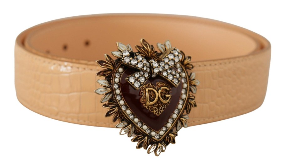 Women Dolce & Gabbana Women'S Belts | Dolce & Gabbana Beige Croc Pattern Devotion Heart Dg Waist Buckle Belt