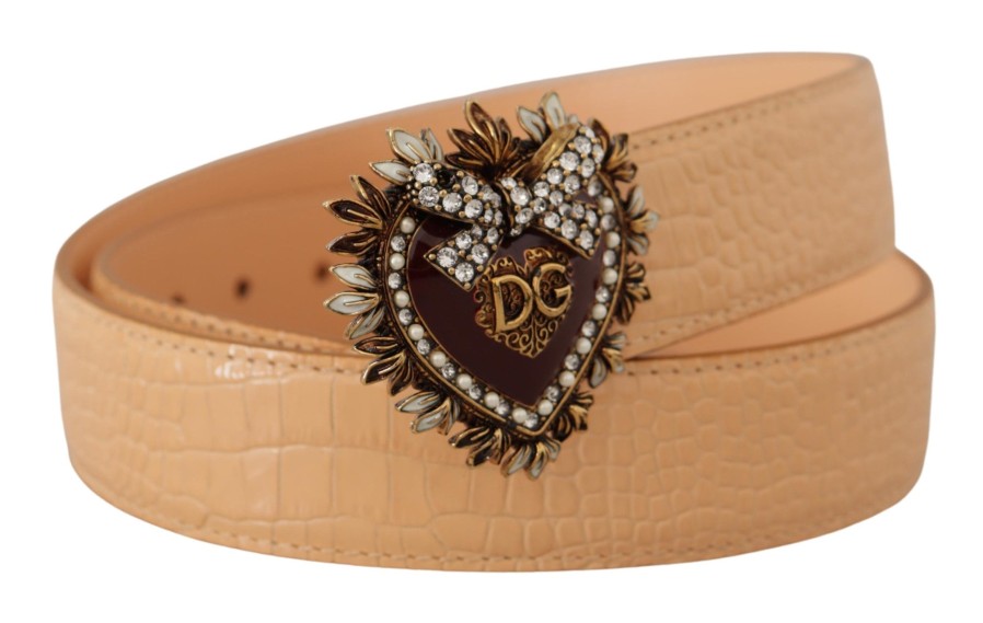 Women Dolce & Gabbana Women'S Belts | Dolce & Gabbana Beige Croc Pattern Devotion Heart Dg Waist Buckle Belt