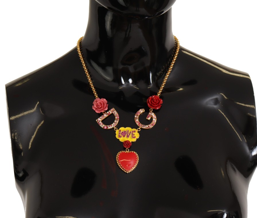 Women Dolce & Gabbana Women'S Necklaces | Dolce & Gabbana Gold Rose Love Crystal Charm Chain Necklace