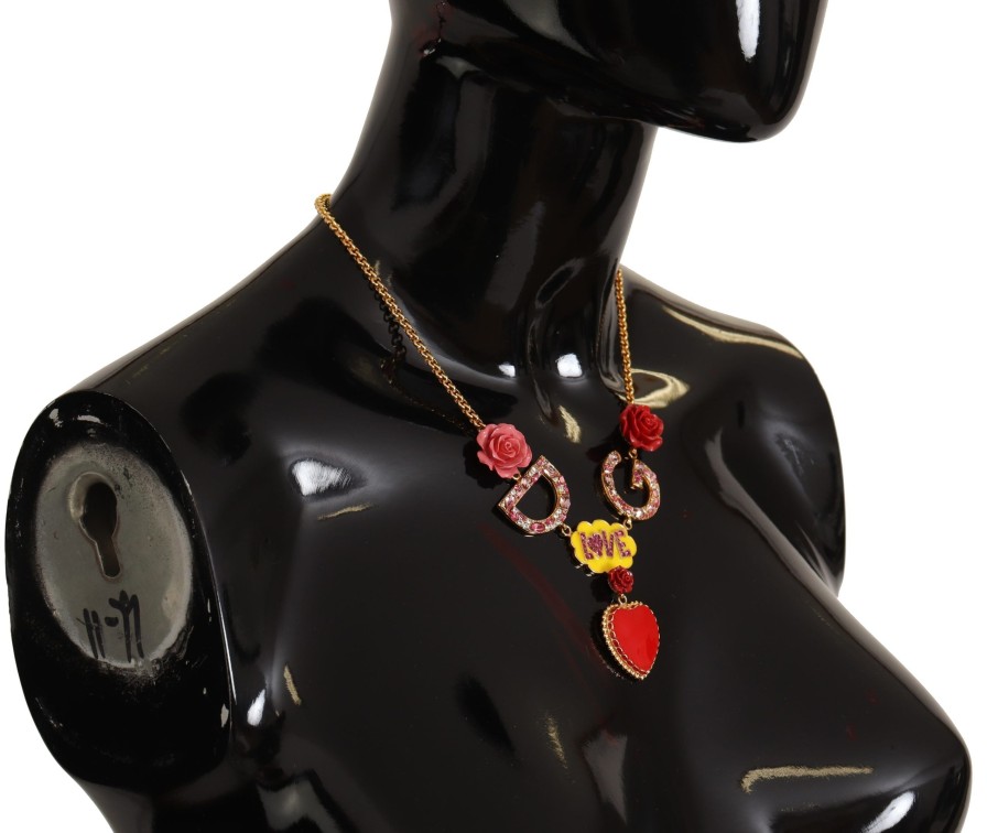 Women Dolce & Gabbana Women'S Necklaces | Dolce & Gabbana Gold Rose Love Crystal Charm Chain Necklace