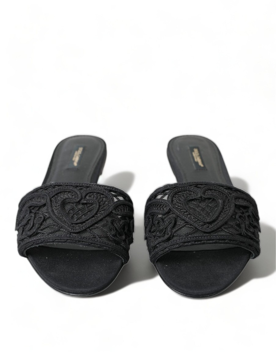 Women Dolce & Gabbana Women'S Flat Shoes | Dolce & Gabbana Black Cotton Heart Embroidery Sandals Shoes