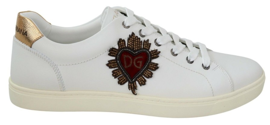 Men Dolce & Gabbana Men'S Sneakers | Dolce & Gabbana White Leather Heart Low Top Sneakers Casual Shoes