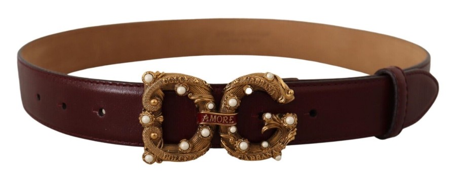 Women Dolce & Gabbana Women'S Belts | Dolce & Gabbana Bordeaux Leather Brass Logo Buckle Baroque Amore Belt