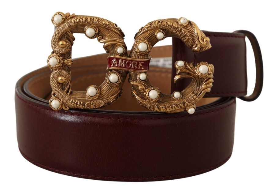 Women Dolce & Gabbana Women'S Belts | Dolce & Gabbana Bordeaux Leather Brass Logo Buckle Baroque Amore Belt