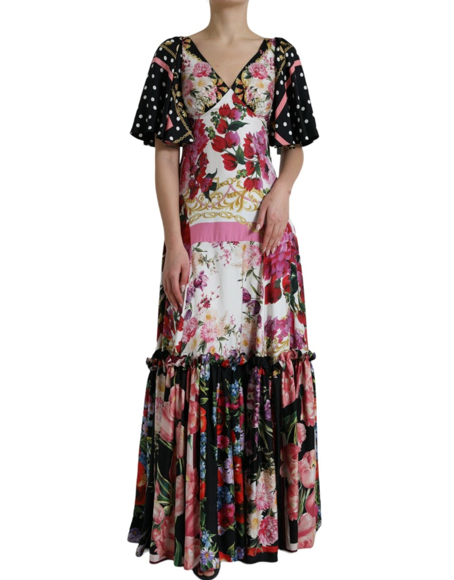 Women Dolce & Gabbana Women'S Dresses | Dolce & Gabbana Multicolor Floral Print Silk Twill Gown Dress