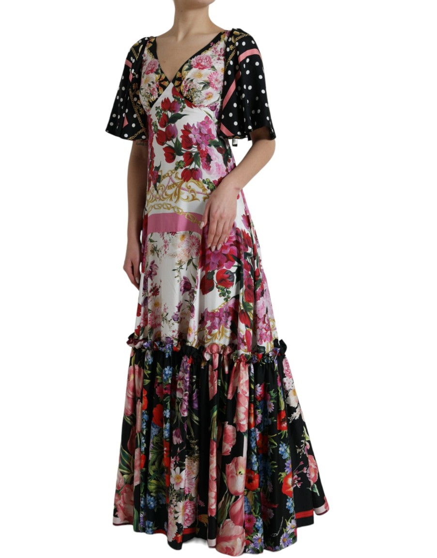 Women Dolce & Gabbana Women'S Dresses | Dolce & Gabbana Multicolor Floral Print Silk Twill Gown Dress