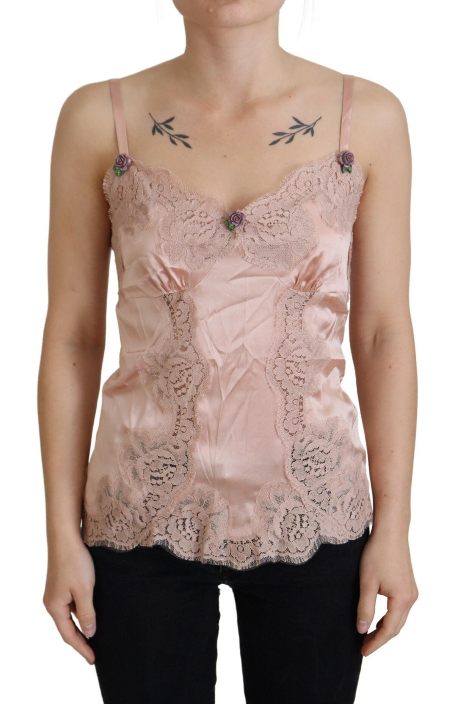 Women Dolce & Gabbana Women'S Sleepwear | Dolce & Gabbana Pink Satin Lace Roses Tank Top Lingerie