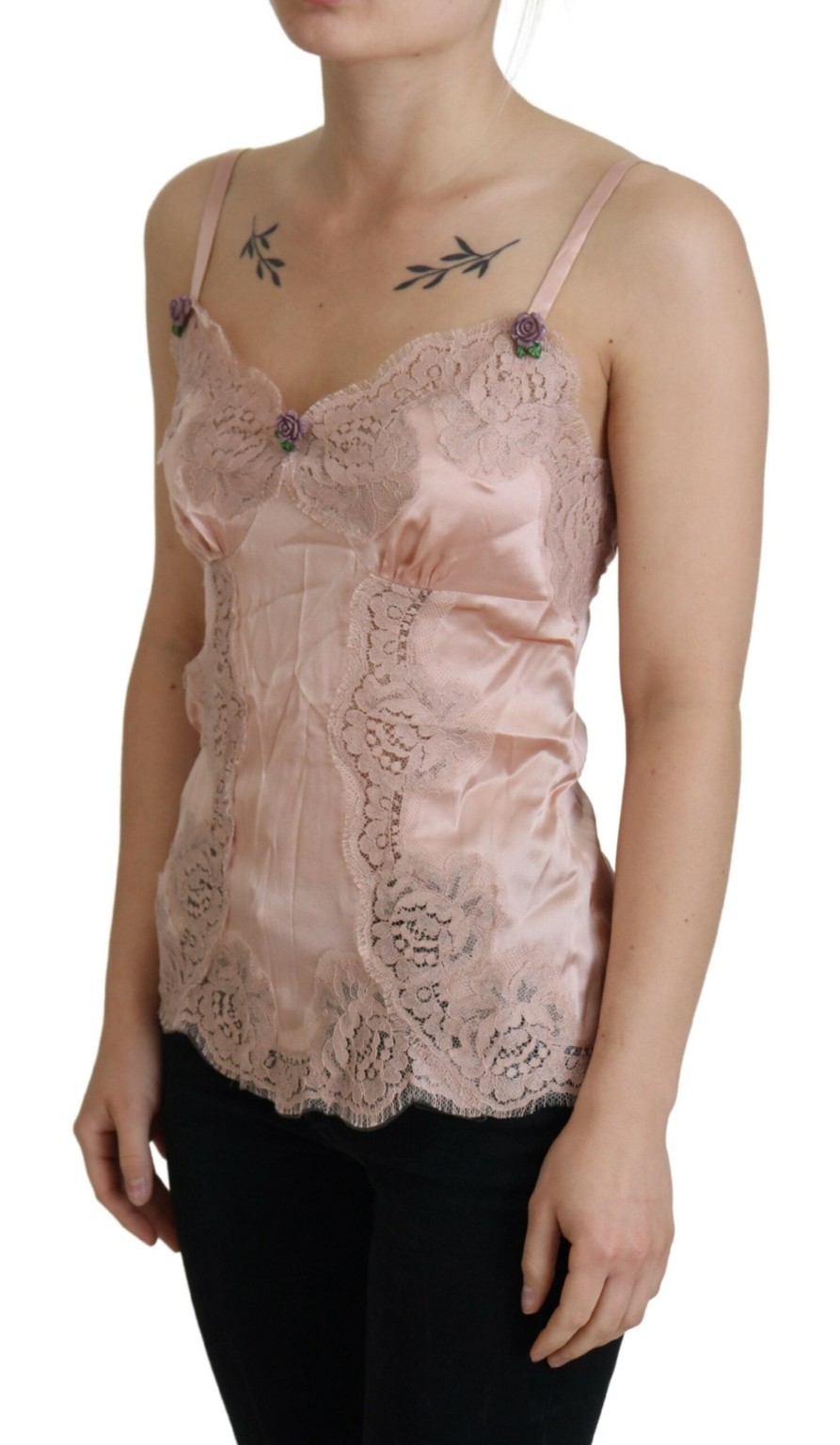 Women Dolce & Gabbana Women'S Sleepwear | Dolce & Gabbana Pink Satin Lace Roses Tank Top Lingerie