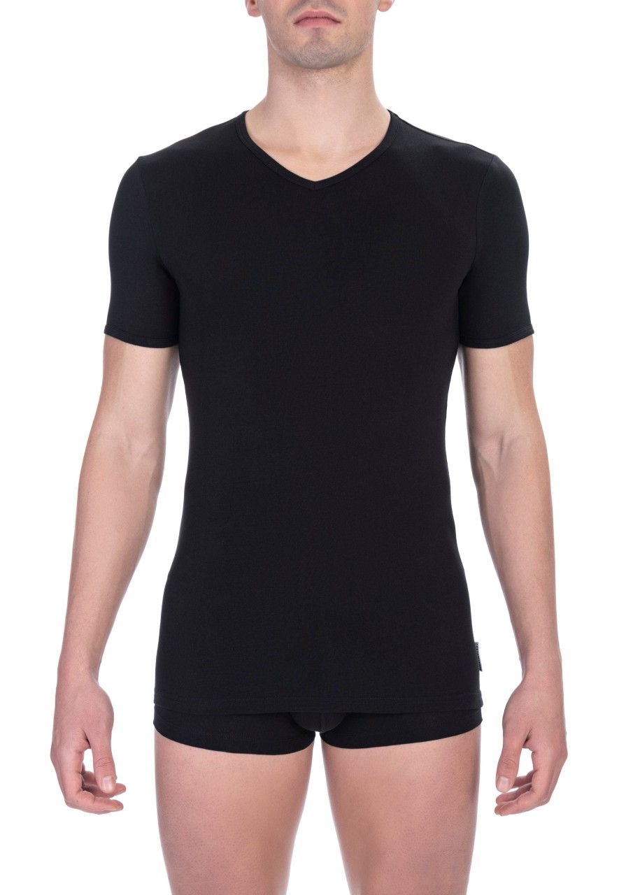 Men Bikkembergs Men'S T-Shirts | Bikkembergs Sleek V-Neck Cotton Blend T-Shirt - Black