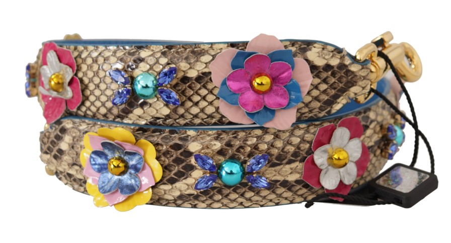 Women Dolce & Gabbana Women'S Leather Accessories | Dolce & Gabbana Beige Python Leather Floral Studded Shoulder Strap