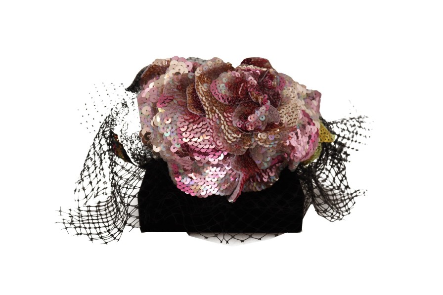 Women Dolce & Gabbana Women'S Headbands | Dolce & Gabbana Black Flower Sequined Crystals Fascinator Diadem Headb