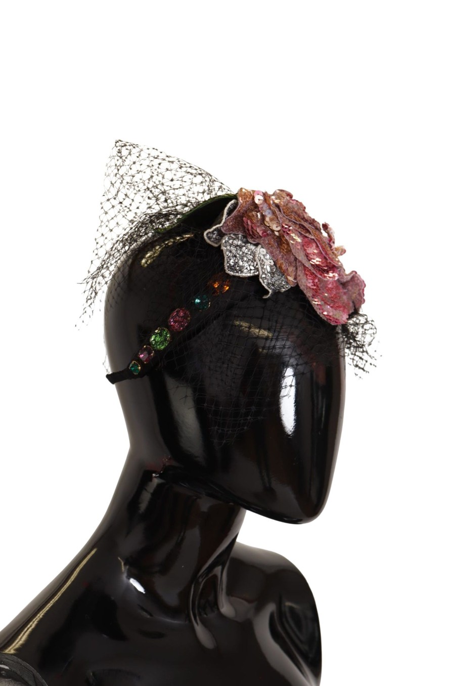 Women Dolce & Gabbana Women'S Headbands | Dolce & Gabbana Black Flower Sequined Crystals Fascinator Diadem Headb