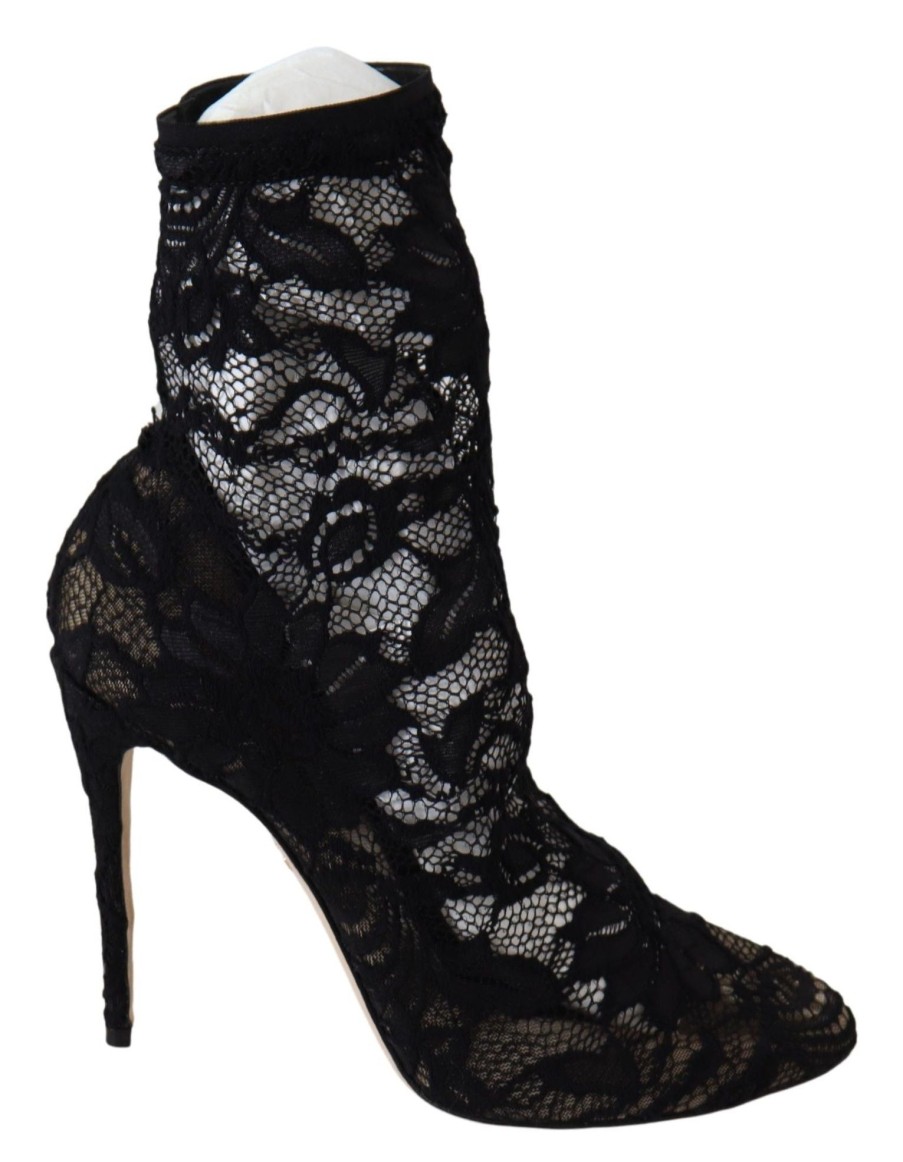 Women Dolce & Gabbana Women'S Boots | Dolce & Gabbana Black Lace Taormina High Heel Boots Shoes