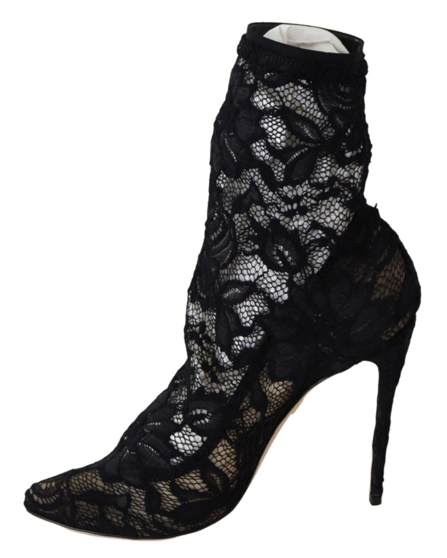 Women Dolce & Gabbana Women'S Boots | Dolce & Gabbana Black Lace Taormina High Heel Boots Shoes