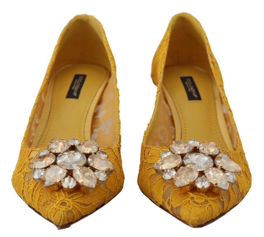 Women Dolce & Gabbana Women'S Pumps | Dolce & Gabbana Yellow Taormina Lace Crystal Heels Pumps Shoes