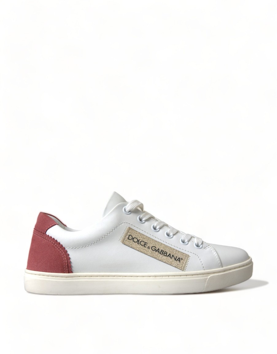 Women Dolce & Gabbana Women'S Sneakers | Dolce & Gabbana White Pink Leather Low Top Sneakers Shoes