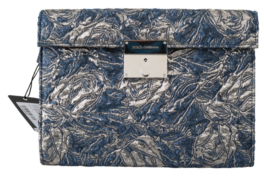 Men Dolce & Gabbana Men'S Messenger Bags | Dolce & Gabbana Blue Silver Jacquard Leather Document Briefcase Bag